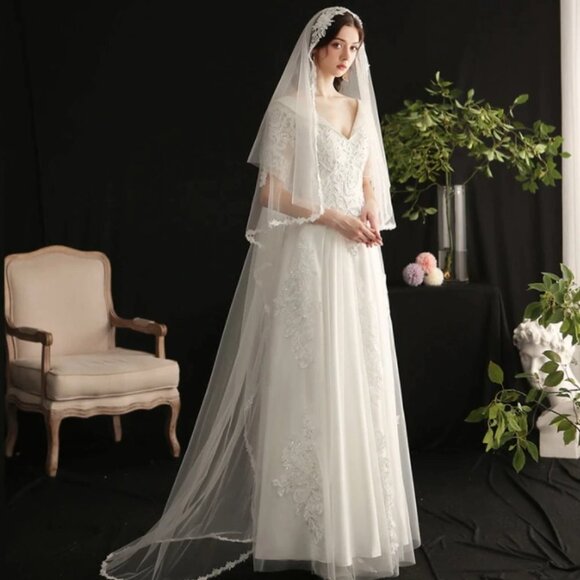 Wedding veil white bridal white pearls floor length flower design elegant new main image 4